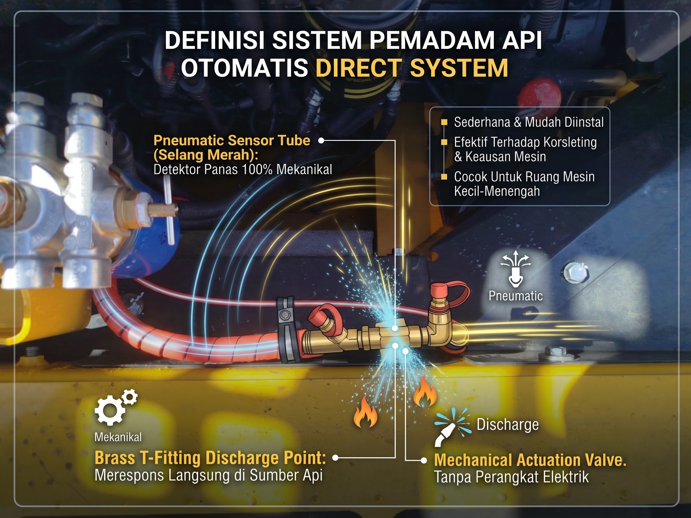 Ilustrasi teknis komponen Direct System: pneumatic sensor tube, brass T-fitting discharge point, dan mechanical actuation valve pada ruang mesin alat berat