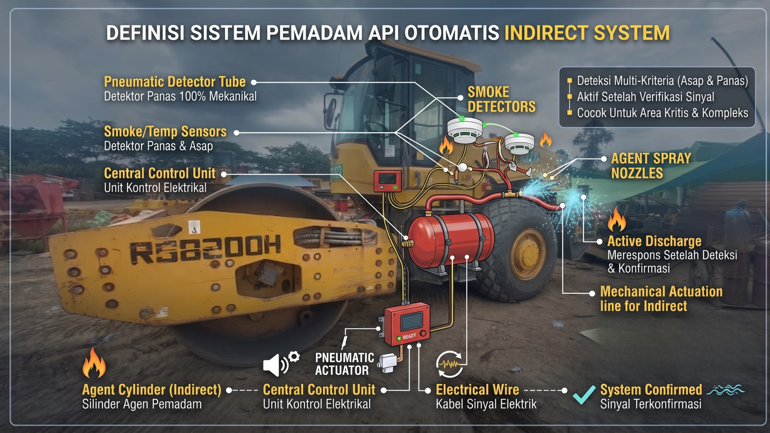 Ilustrasi teknis Indirect System: detection tube, alarm ke kabin operator, dan discharge otomatis atau manual